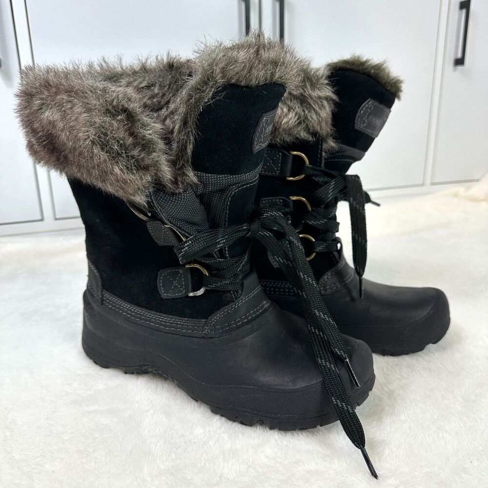 Khombu Slope Women's Black Leather Winter Snow Boots Faux Fur Lined Size 8M